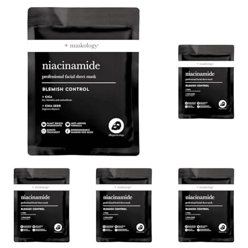 Image of MASKOLOGY NIACINAMIDE Professional Sheet Mask Pack of 5 | Face Masks Skincare for Blemish Control | CICA & Chia seed | Anti Aging Formula | Face Masks Sheet |