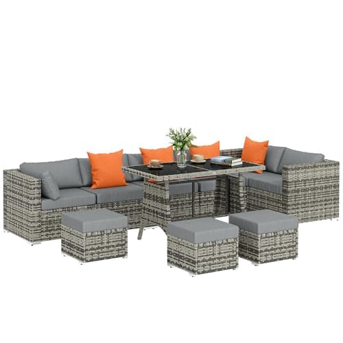Image of Outsunny 10 Piece Rattan Garden Furniture Set, 3 Corner Sofas with 3 Chairs, 3 Stools and Coffee Table, Outdoor Patio Furniture Conversation Set with Cushions and Pillows, Dark Grey