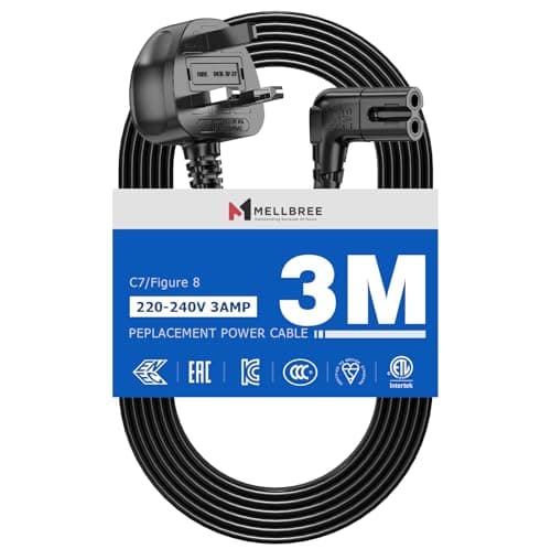 Image of Power Cable Compatible with Samsumg TV 3M, Mellbree Quality Safe Right Angle Suitable for Awkward Space Figure 8 Power Cable Compatible with Samsung, LG, Panasonic TV Black