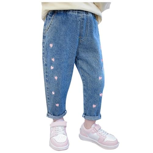 Image of Kids Sweatpants Girls' Pants Spring Children's Pants Spring Baby Jeans Medium Children Embroidered Stretch Pants (Blue, 18-24 Months)