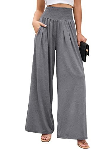 Image of Famulily Ladies Wide Leg Trousers with Pockets Stretch Flared Pants Loose Fit Lounge Pyjama Bottoms Dark Grey M