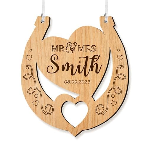 Image of Personalised Wedding Horseshoes for The Bride Mr and Mrs Gifts Wooden Horse Shoe Wedding Bridal Good Luck Horseshoe Gift New Couple Gift Wedding Anniversary Favors(Double Heart)