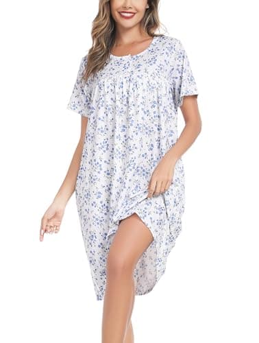 Image of Vlazom Women's Nighties Button Front Long Nightdress Pleated Lace Nightgowns Luxury Soft Touch Nightgshirt with Pockets,Cobalt Blue Flower,M