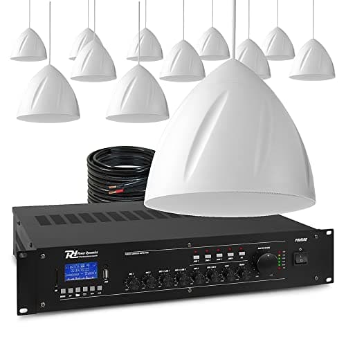 Image of Power Dynamics Hanging Pendant Speaker System with 4-Zone Mixer Amplifier - 12x White 5.25" 100V Speakers, Bluetooth PA for Warehouse, Retail & Church Audio Installation