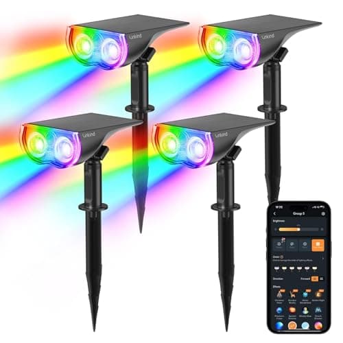 Image of Linkind Smart Outdoor Solar Lights, RGBTW Colour Changing Waterproof Solar Spotlight with APP, Garden & Pathway Stake Lights, 4-Pack