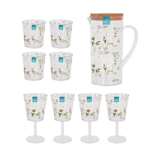 Image of YöL Daisy Print Set - 1x Jug, 4x Tumblers, 4x Wine Goblets Plastic Summer Drinks Picnic Outdoor Dining BBQ Pitcher Cups Glasses