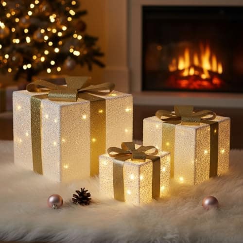 Image of Taylor & Brown Set of 3 Light Up Boxes Gift Parcel Lights Indoor Xmas Decorations for Tree Battery Powered with 50 Warm White LED Lights, White Flash Cloth with Gold Ribbon