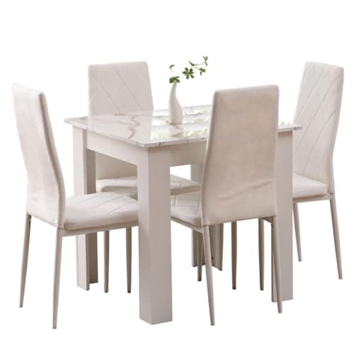 Image of Rainbow Tree Modern 5 Piece Dining Room Table and Chairs Set, Wooden Square Table with 4 Chairs for Small Space Apartment Space Saving (White Marble Table+4 White Argyle Velvet Chair)