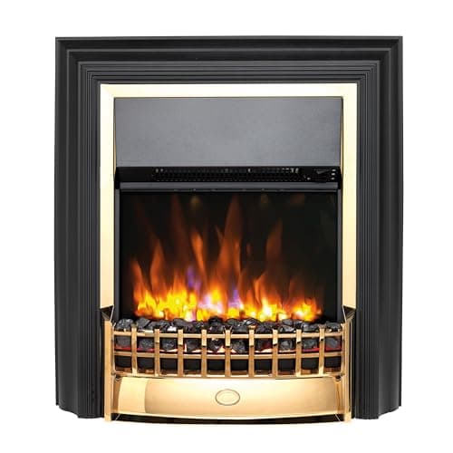 Image of Dimplex Cheriton Deluxe Optiflame Freestanding Electric Fire, Brass and Black Free Standing LED Flame Effect Electric Fireplace with Variable Flame Brightness, Coal Fuel Bed, Adjustable 2kW Heater
