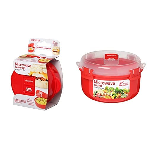 Image of Sistema Microwave Egg Cooker Easy Eggs | Egg Poacher with Steam Release Vent | 270 ml | BPA-Free | Red & Microwave Round Bowl | Microwave Food Container | 915 ml | BPA-Free | Red/Clear