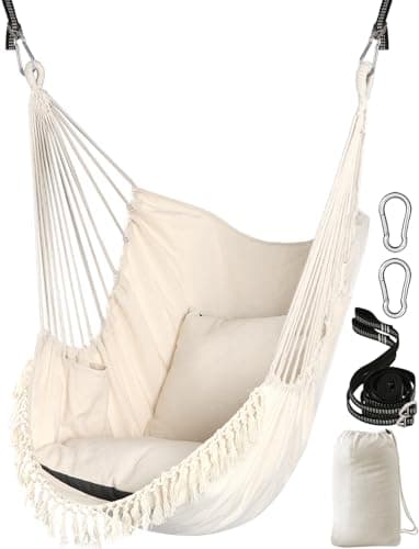 Image of Chihee Hammock Chair Hanging Swing 2 Seat Cushions Included,Strong Webbing Straps and Hooks for Easy Hanging Soft Cotton Weave Hanging Chair Side Pocket Large Tassel Chair Set Comfort Indoor Outdoor