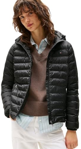 Image of Tommy Hilfiger Women’s Global Stripe Padded Down Jacket with Hood, Black (Black), M