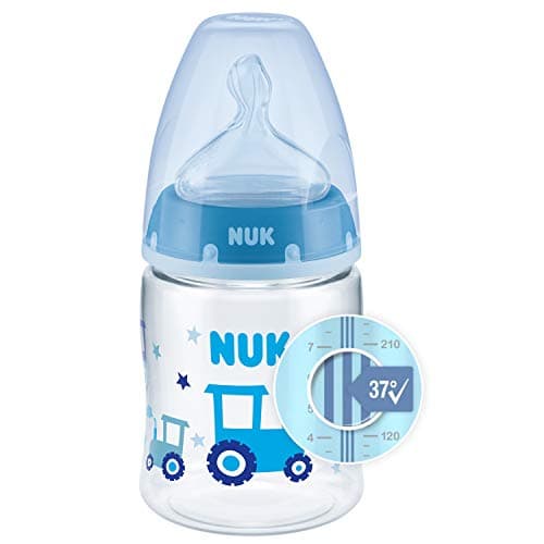 Image of Nuk First Choice+ Bottle, 0-6 Months, Temperature Control, Anti-Colic Valve, Silicone Teat, BPA Blue Tractor, 150 Mil