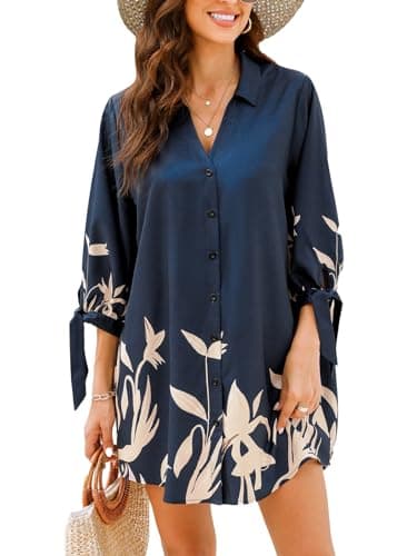 Image of CUPSHE Women's Blouse Dress V Neck Long Sleeve Loose Shirt Dress Button Front Casual Dresses Bikini Cover Up Beach Dress Blue Floral M