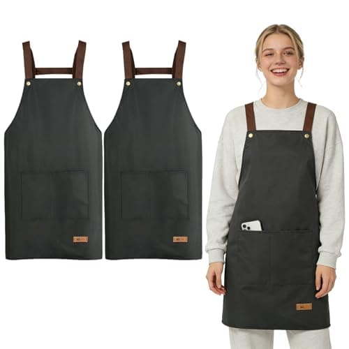 Image of 2Pcs Kitchen Apron,Adjustable Black Kitchen Chef Aprons with Pockets Waterdrop Resistant Cooking Kitchen Chef Apron for Women Men for Home Kitchen Restaurant Coffee House Baking Gardening BBQ DIY