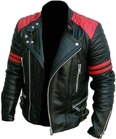 Image of Rising Bloom Men's Brando Classic Vintage Cafe Racer Black & Red Stripes Quilted Vintage Biker Genuine Real Sheepskin Leather Jacket (UK, Alpha, 4XL, Regular, Regular, Black & Red)