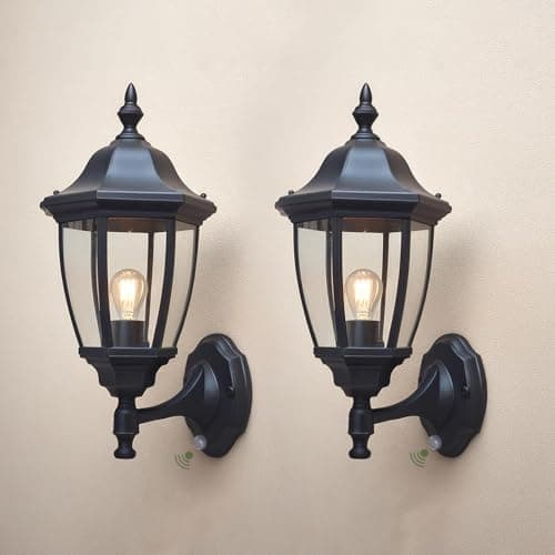 Image of EBION PIR Outdoor Wall Lights,2 Pack Outside Wall Lights with Motion Sensor,IP44 Waterproof Traditional Black Outside Exterior Wall Lantern for Garden,Porch,Garage,Patio,Corridor,E27 Socket