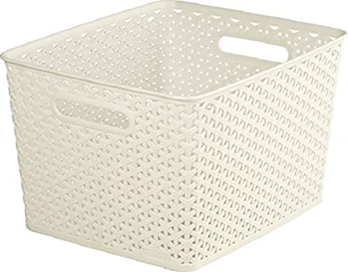 Image of Curver My Style Rattan Effect Kitchen, Living room, Bathroom, Bedroom, Utility Large Rectangular Storage Baskets 18L - White