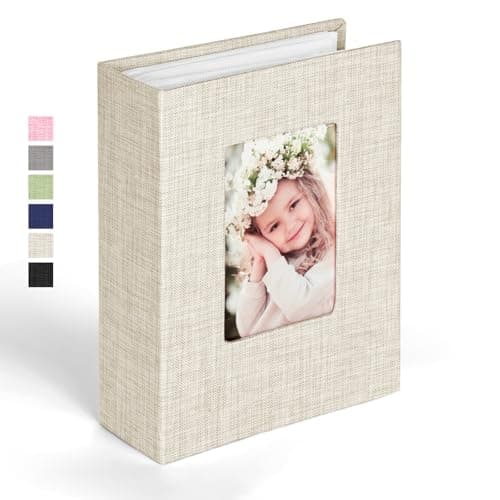 Image of Ainiv Photo Albums 6x4 100 Pockets, Slip in Top Loading Mini Linen Album Book, Large Capacity Picture Albums with Personalized Cover Window for Wedding Anniversary Family Baby Vacation (Beige)