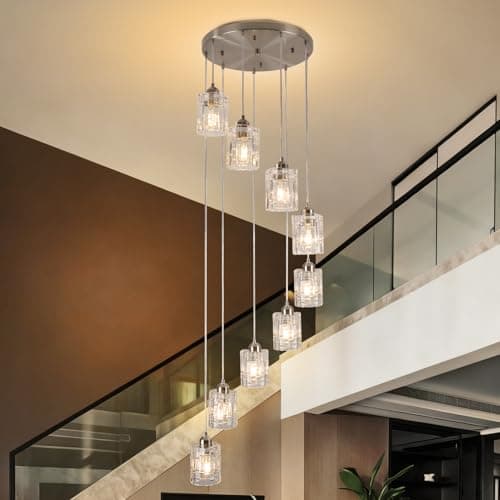 Image of Finktonglan High Ceiling Chandelier,Modern Glass Long Pendant Light,Chrome Hanging Flush Mount Chandelier Ceiling Light E27 Base for Dining Room, Hallway, Entryway 9 Lights