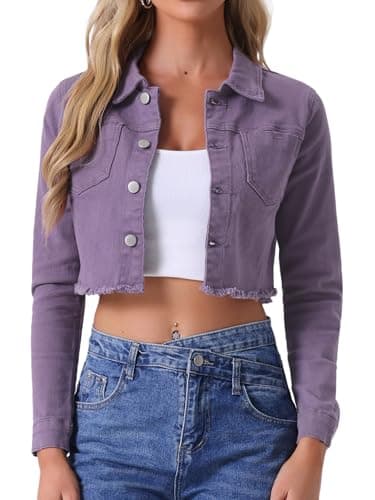 Image of Allegra K Women's Jean Jacket Frayed Button Up Washed Cropped Denim Jacket Purple M