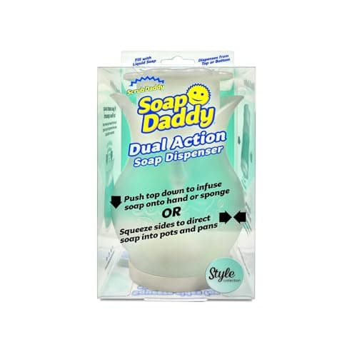 Image of Scrub Daddy Soap Dispenser, Soap Daddy Dual Action Washing Up Liquid Detergent Holder for Dishes, Refillable Kitchen & Bathroom Sink Dispensers, Push Down Pump Bottle, White Flower Design