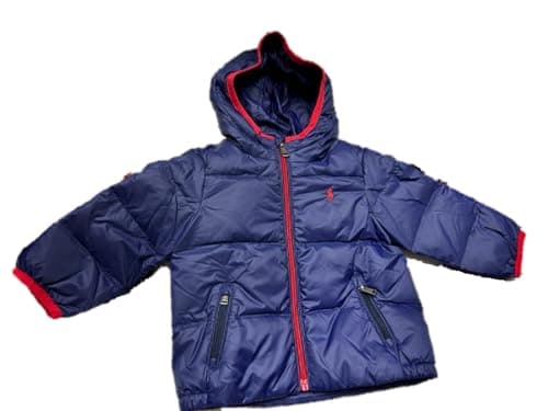 Image of Ralph Lauren Polo Kids Down Pony Hooded Down Puffer Jacket Navy Red Unisex boys girls baby 9 Months