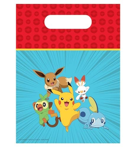Image of 6 Pokemon Party Bags for Party Bags for Children's Birthday Parties with Carry Handles, 17 x 25 cm, Made of Plastic Film, Gift Bags Children's Birthday Decoration Pikachu