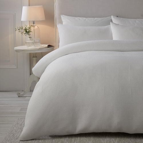 Image of Serene Lindly White Waffle Duvet Cover – King Size 230x220cm – Soft Touch – Textured Grid Bedding – Puckered Design – Luxury Bedroom Set