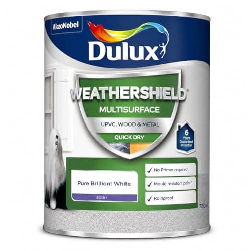 Image of Pure Brilliant White Weathershield Multi Surface Satin Paint 750ml | Exterior uPVC Wood and Metal Paint | Quick Dry Mid Sheen Finish | Weatherproof Paint for Doors Windows Garage Doors and Trim