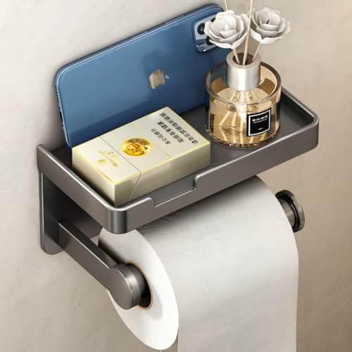 Image of VOLDRA Toilet Roll Holder with Phone Shelf, Self-Adhesive or Screw-In Toilet Paper Holder Wall Mounted, Rustproof & Multifunctional Stick on Bathroom Tissue Holder(Grey)