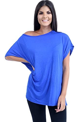 Image of janisramone® Women's Off The Shoulder Batwing Top, Bardot Baggy Style Oversized T Shirt for Women - New Plain Fashionable Ladies Tops for Casual & Party Wear Royal Blue