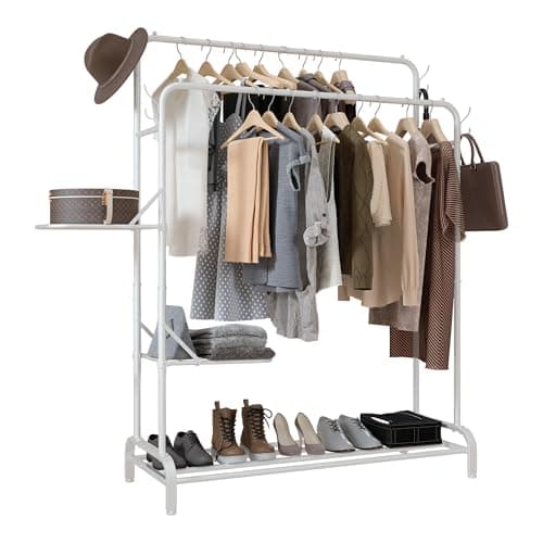 Image of Klass Home Collection White Heavy Duty Clothes Rail With Folding Shelves, 100KG Garment Rack With Double Hanging Clothing Rails, 3 Shelves, Coat Shoe Rack, 4 Hooks, Clothes Rails For Bedroom, Shops