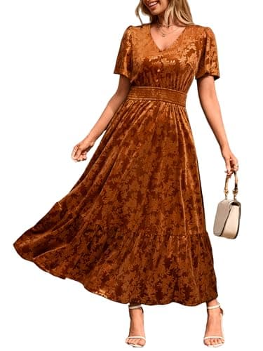 Image of Simplee Womens Fall Velvet Dress Short Sleeve V Neck Floral Maxi Dress Long Formal Winter Wedding Guest Dresses, B-earthly Orange, M