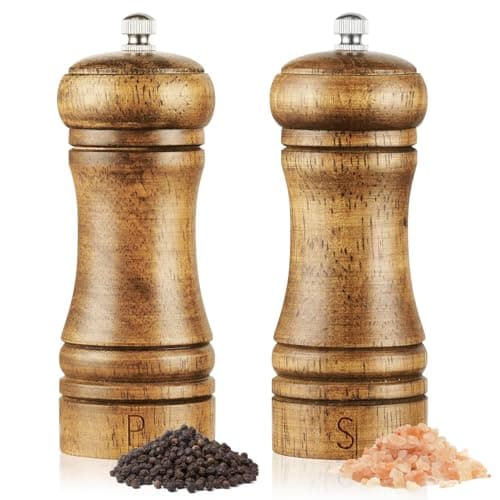 Image of Vicloon Salt and Pepper Mills Set, 2PCS Wooden Pepper Grinder with Brush, Shakers with Ceramic Core, Salt and Pepper Grinder Set with Adjustable Non-Corrosive Ceramic Grinder for Pepper, Spices