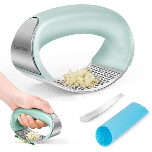 Image of Cook Guy 304 Stainless Steel Garlic Press Rocker Set - Premium Garlic Mincer, Crusher, Peeler, and Scraper Tool for Effortless Mincing - Comfortable Grip Garlic Grinder (Green)