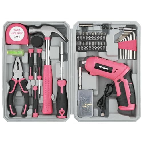 Image of Hi-Spec 42pc Pink 4V USB Electric Power Driver & Household Tool Kit. Cordless Power Screwdriver and Hand Tools in a Compact Box Case
