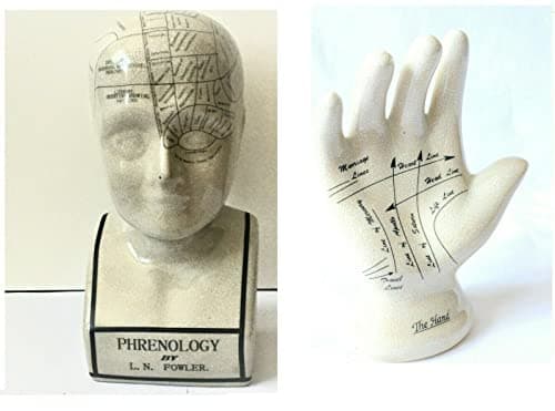 Image of Set L.N fowler porcelain phrenology 8''ceramic head + 7''hand Antique off white