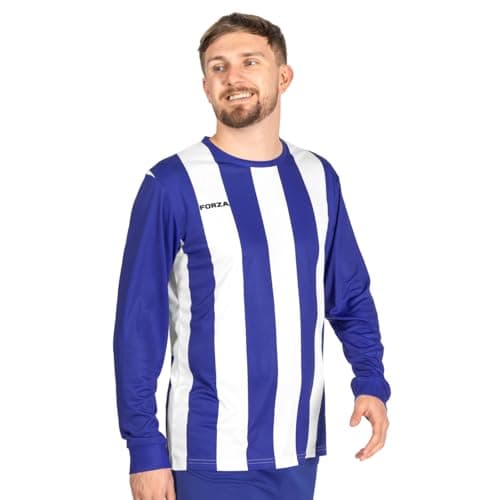 Image of FORZA Men’s Striped Long Sleeve Jersey Shirt [XS-XXL] – Premium Long Sleeve Football T-Shirts Jersey | 5 Stripe Colour Options (UK, Alpha, L, Regular, Regular, Blue and White)