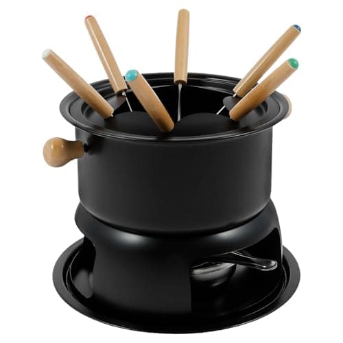 Image of Fondue Set, Black Carbon Steel Fondue Pot for Cheese, Chocolate & Meat, Includes 6 Forks & Adjustable Burner & Splash Protector, Suitable for All Hobs, Food Warmer