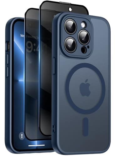 Image of Qasyfanc for iPhone 13 Pro Case with MagSafe, Privacy Screen Protectors X2, [Camera Protection] [15FT Military Drop Protection] Magnetic Translucent Matte Back Shockproof Phone Cover, 6.1", Blue