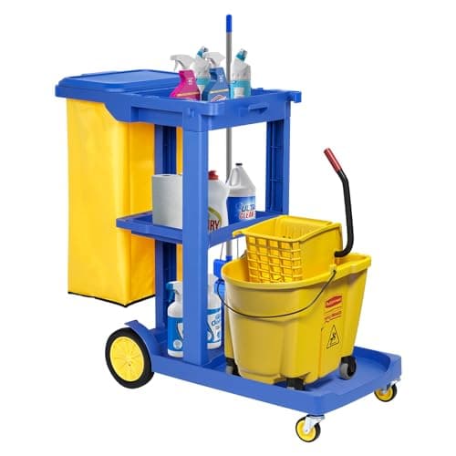 Image of bimiti Janitorial Trolley Janitor-Housekeeping Cart on Wheels Cleaning Trolley with Vinyl Bag Lid Heavy Duty Commercial 3-Tier Janitorial Cart on Wheels for Hotel Service Shopping Centres Office