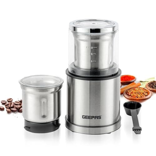 Image of Geepas 200W Electric Coffee Grinder & Food Processor Wet & Dry Grinding | Stainless Steel Blades & Housing 75g Detachable Bowl for Coffee, Spices, Nuts & Chutney | Powerful & Compact Grinder – Silver