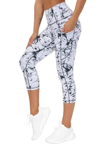 Image of THE GYM PEOPLE Women's High Waistd Capri 3/4 Length Yoga Leggings with Pockets,Tummy Control Yoga Pants for Ladies Sports Running, Marble, L