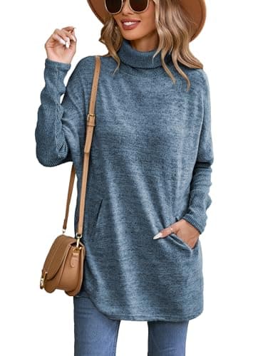 Image of Famulily Women's Turtleneck Jumper Rib Knitted Longline Oversized Pullover Sweater Long Sleeve Tops (XL, Blue)