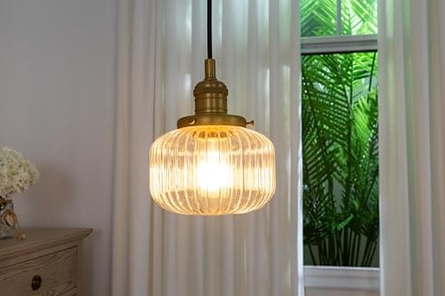Image of Yosoan Industrial Vintage Loft Bar Striped Pendant Light Fixture, Glass Ceiling Light for Kitchen Island Living Room Bedroom (Antique Gold)