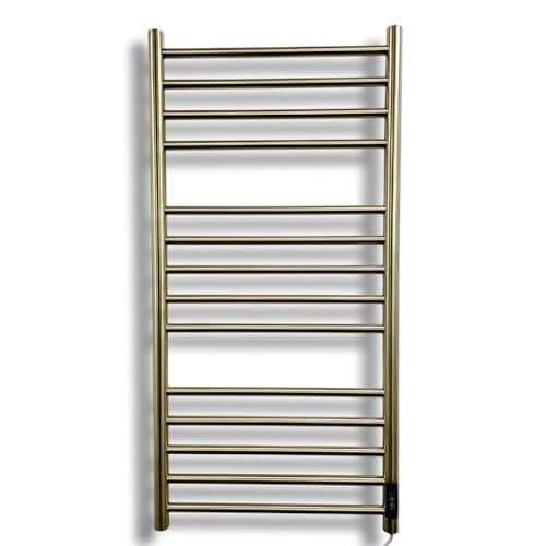 Image of Manissa Siena Brushed Brass Stainless Steel Electric Heated Towel Rail 500mm W x 1000mm H Energy Efficient Towel Radiator