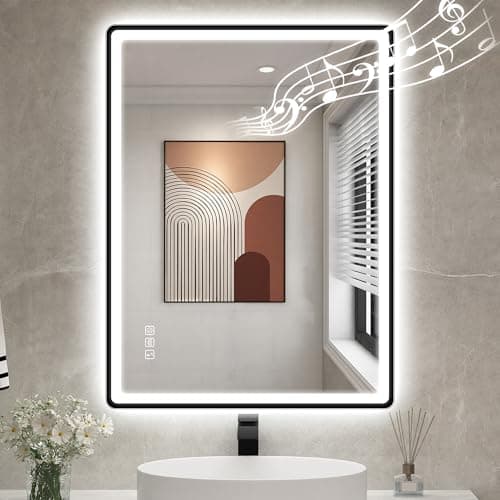 Image of STARLEAD 600x800 mm Black-Bathroom-Mirror-with-LED-Lights and Bluetooth, LED-Bathroom-Mirror-Wall-Mounted with Anti-fog, 3 Colours Dimmable, Memory Function, IP44, Tempered Glass, Horizontal/Vertical