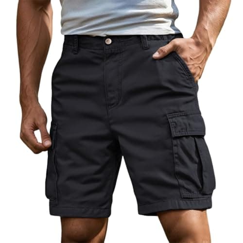 Image of Cargo Shorts for Men UK Combat Cotton Camo Shorts with Multi-Pockets Summer Outdoor Quick-Dry Breathable Elasticated Waist Workwear Knee Length Pants Loose Fit (A0a5-Black, 4XL)