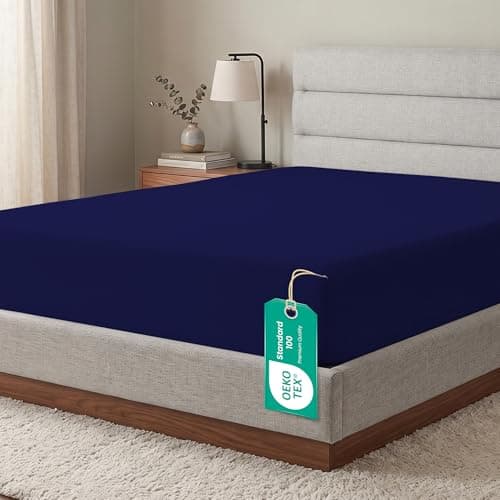Image of Linens World Egyptian Cotton Fitted Sheet Double (137x190cm), 30cm Deep Pocket, 200 Thread Count, Soft Breathable Bed Sheet, Anti-Wrinkle, Easy Care Bottom Sheet (Navy)